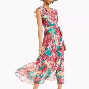 BAR III BOLD FLORAL FAIRY TROPICAL CHIFFON MAXI WRAP DRESS W FLUTTER SLEEVE